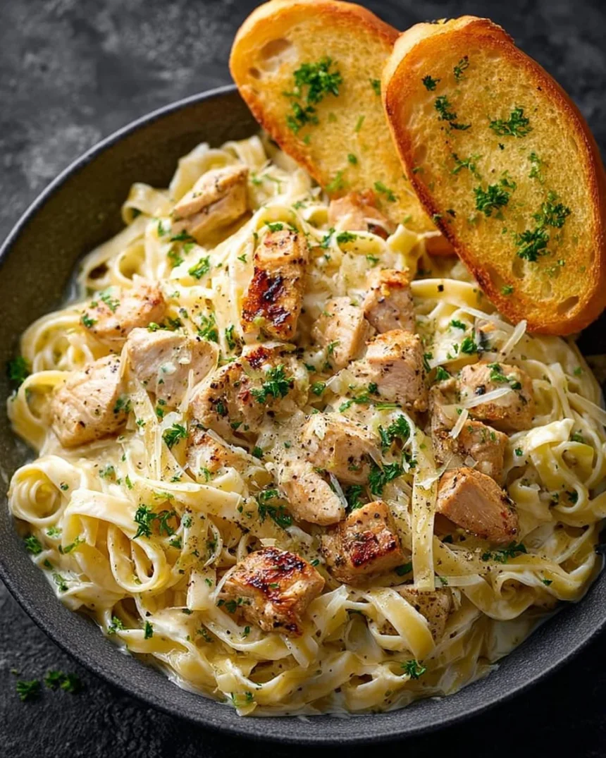 Creamy chicken pasta dish with herbs and vegetables