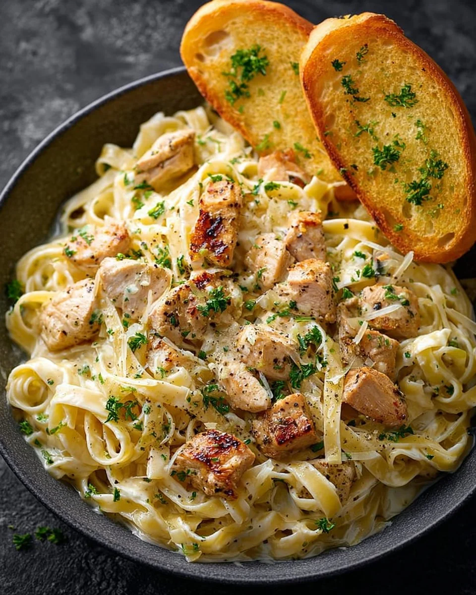 Creamy chicken pasta dish with herbs and vegetables