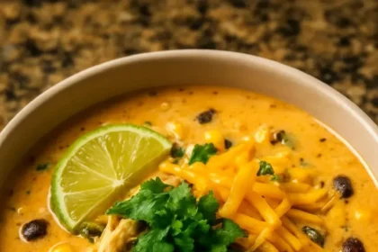 Bowl of creamy chicken poblano and black bean soup garnished with cilantro.