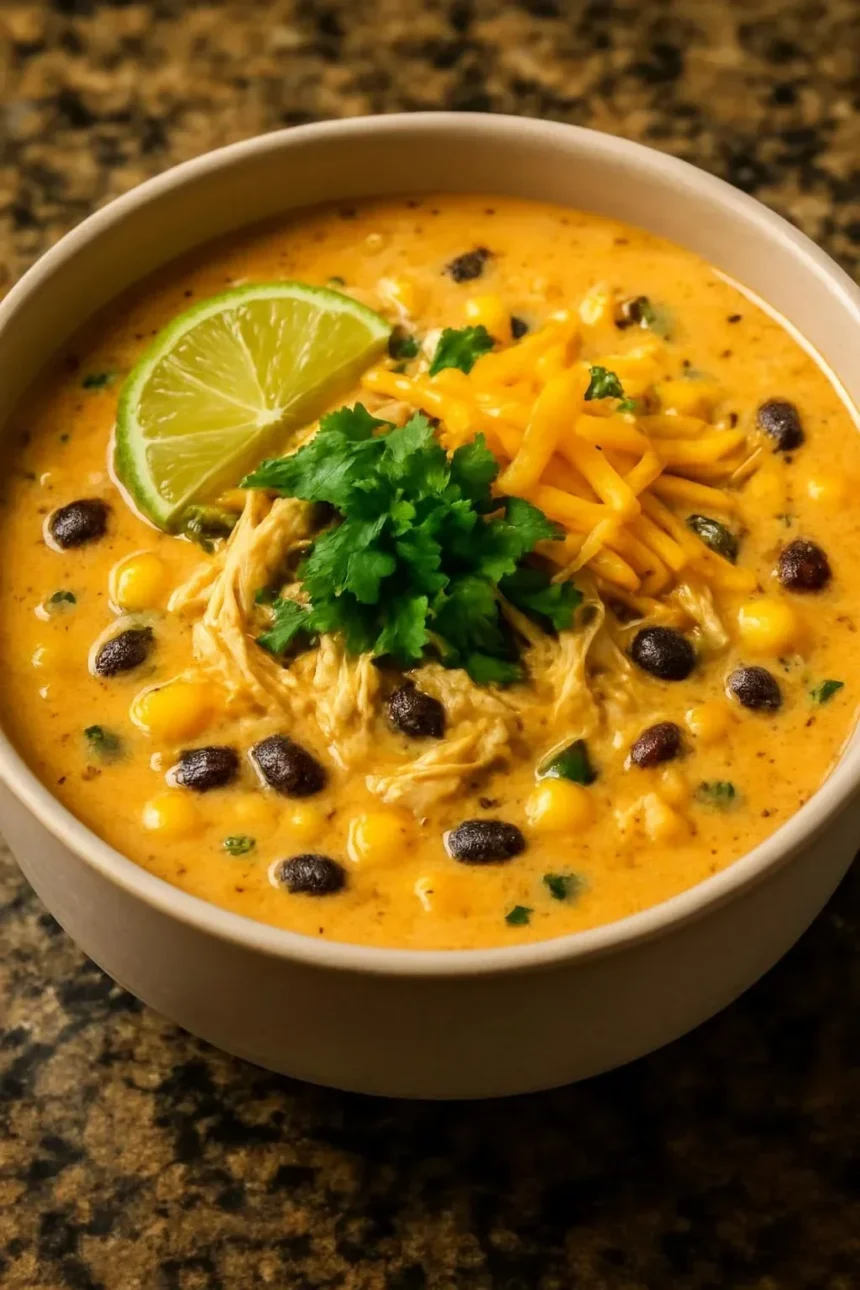 Bowl of creamy chicken poblano and black bean soup garnished with cilantro.