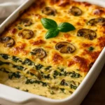 Delicious creamy chicken spinach lasagna with layers of cheese and spinach
