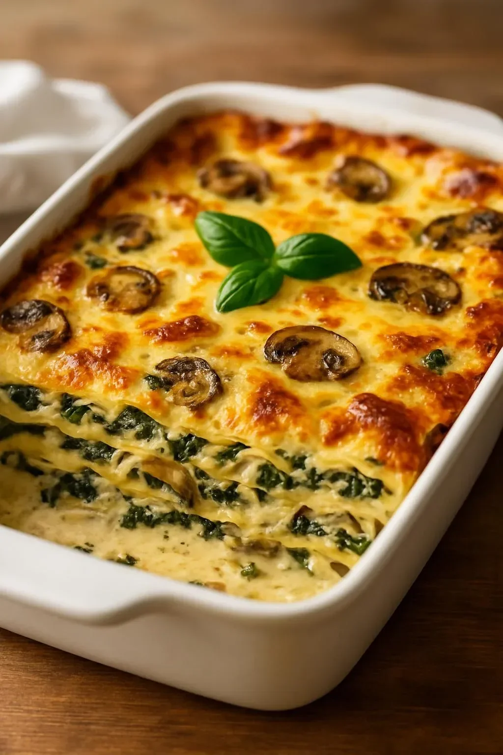 Delicious creamy chicken spinach lasagna with layers of cheese and spinach