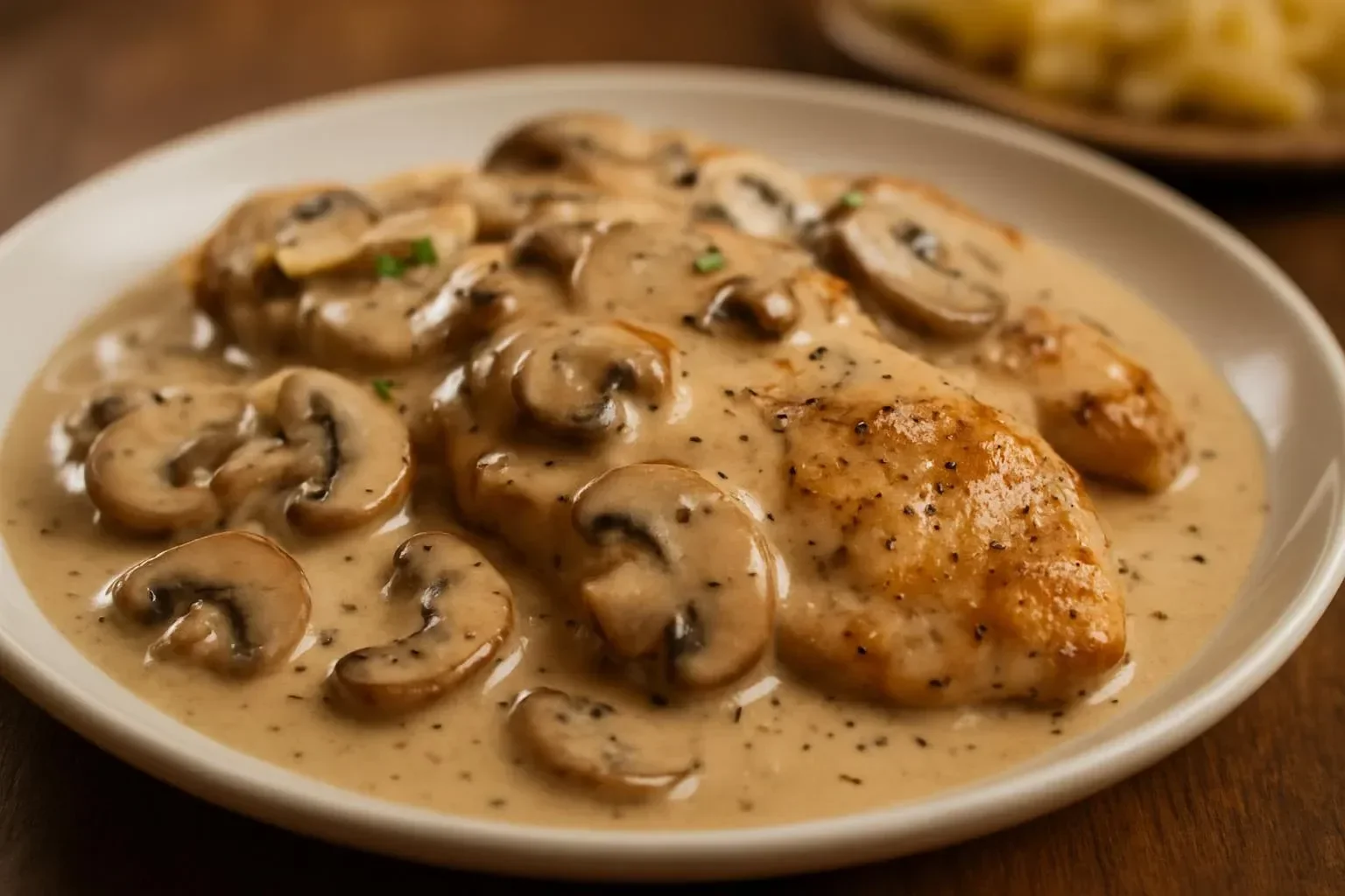 Creamy chicken dish with mushrooms and Dijon sauce served on a plate.