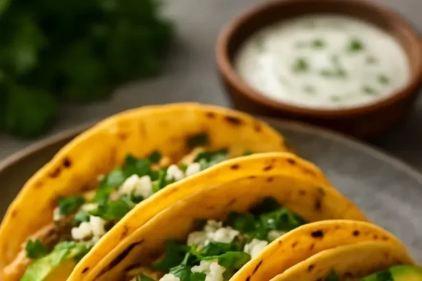 Creamy chimichurri chicken tacos with feta and avocado, garnished and ready to eat.