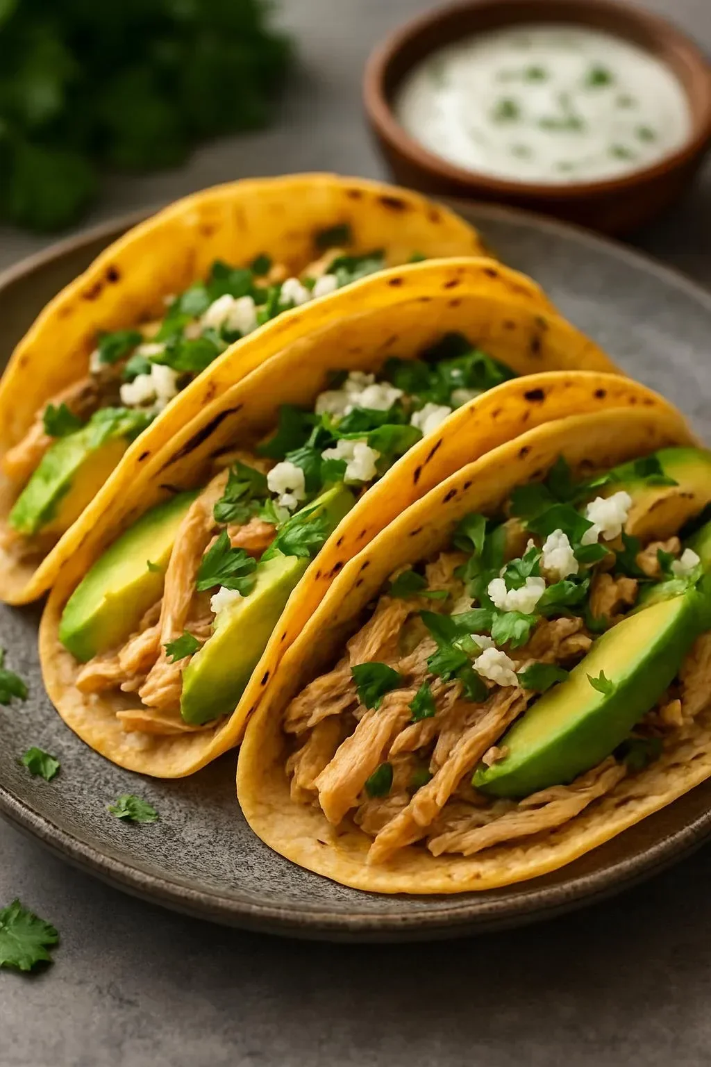 Creamy chimichurri chicken tacos with feta and avocado, garnished and ready to eat.