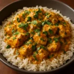 Creamy coconut basil chicken served with rice, garnished with fresh basil.