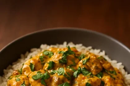 Creamy coconut basil chicken served with rice, garnished with fresh basil.