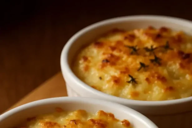 Creamy cod casserole dish served fresh from the oven, garnished with herbs.