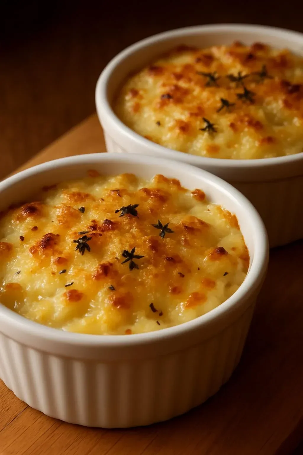 Creamy cod casserole dish served fresh from the oven, garnished with herbs.