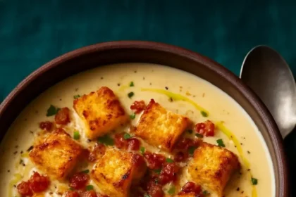 Creamy garlic, onion, and bacon soup in a bowl garnished with herbs