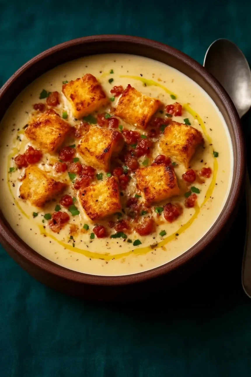Creamy garlic, onion, and bacon soup in a bowl garnished with herbs