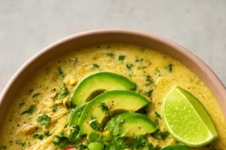 Creamy green chicken chili with corn served in a bowl