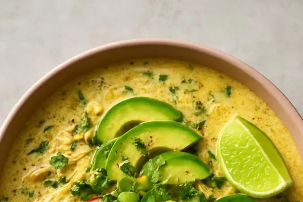 Creamy green chicken chili with corn served in a bowl