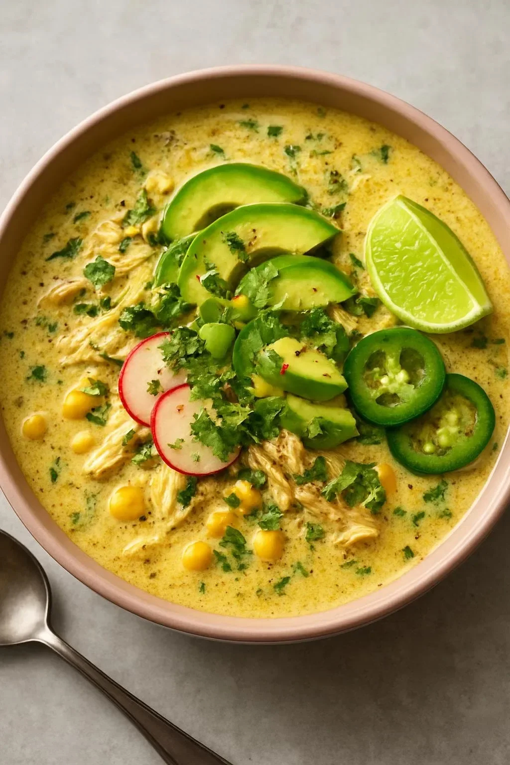 Creamy green chicken chili with corn served in a bowl