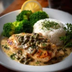 Creamy herb-mushroom chicken dish served with rice and broccoli