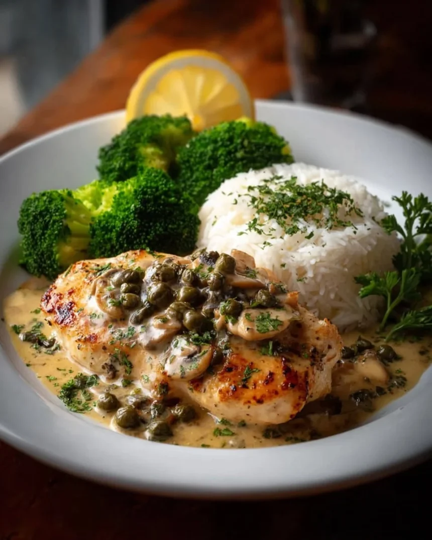 Creamy herb-mushroom chicken dish served with rice and broccoli