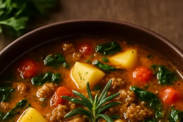 Bowl of creamy Italian sausage and potato soup garnished with herbs