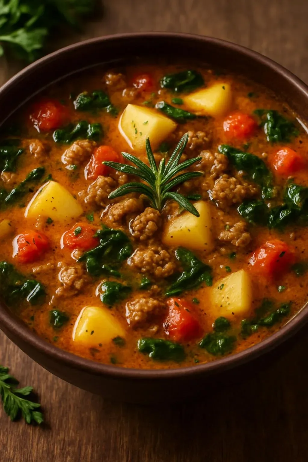 Bowl of creamy Italian sausage and potato soup garnished with herbs