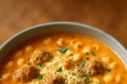 Bowl of creamy Italian sausage soup garnished with parsley and cheese