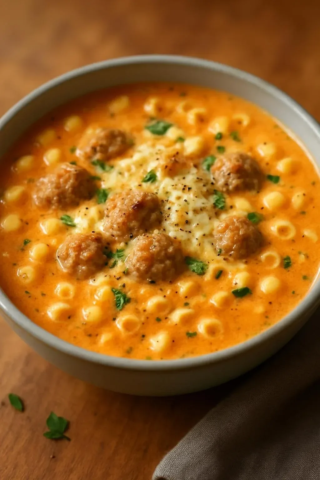 Bowl of creamy Italian sausage soup garnished with parsley and cheese