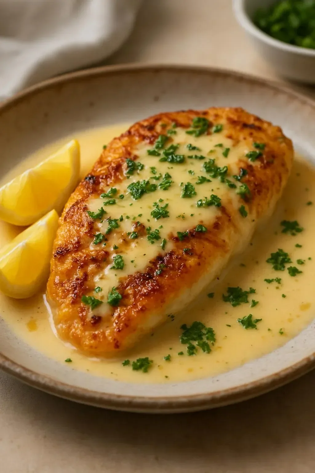 Creamy Lemon Chicken Delight served with herbs and vegetables