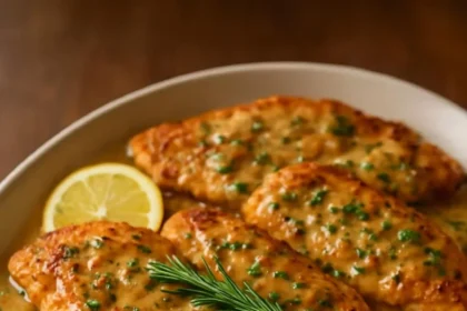 Creamy Lemon Chicken Skillet served with fresh herbs and lemon slices