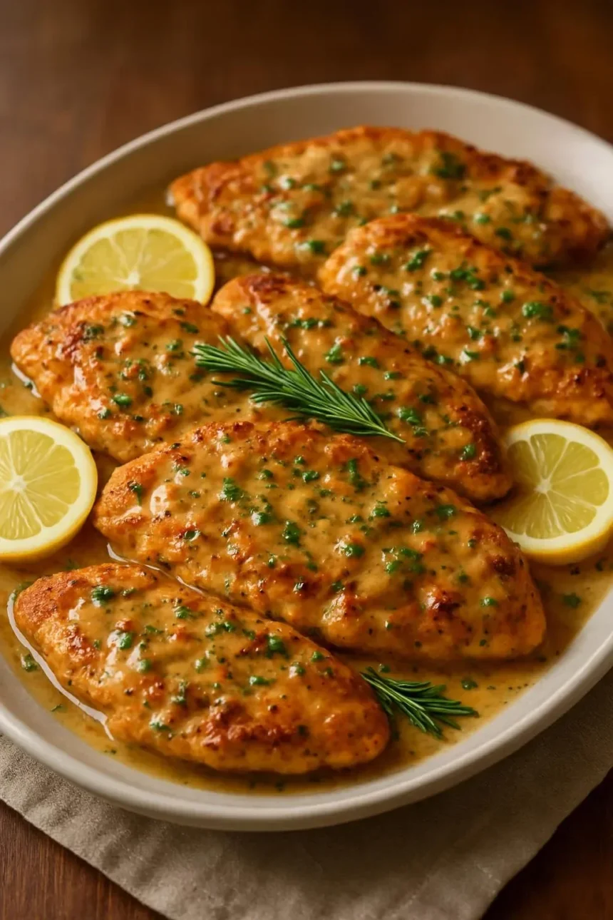 Creamy Lemon Chicken Skillet served with fresh herbs and lemon slices