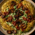 Creamy miso mushroom cabbage dish garnished with crispy bacon