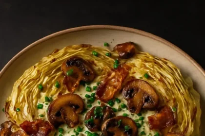 Creamy miso mushroom cabbage dish garnished with crispy bacon