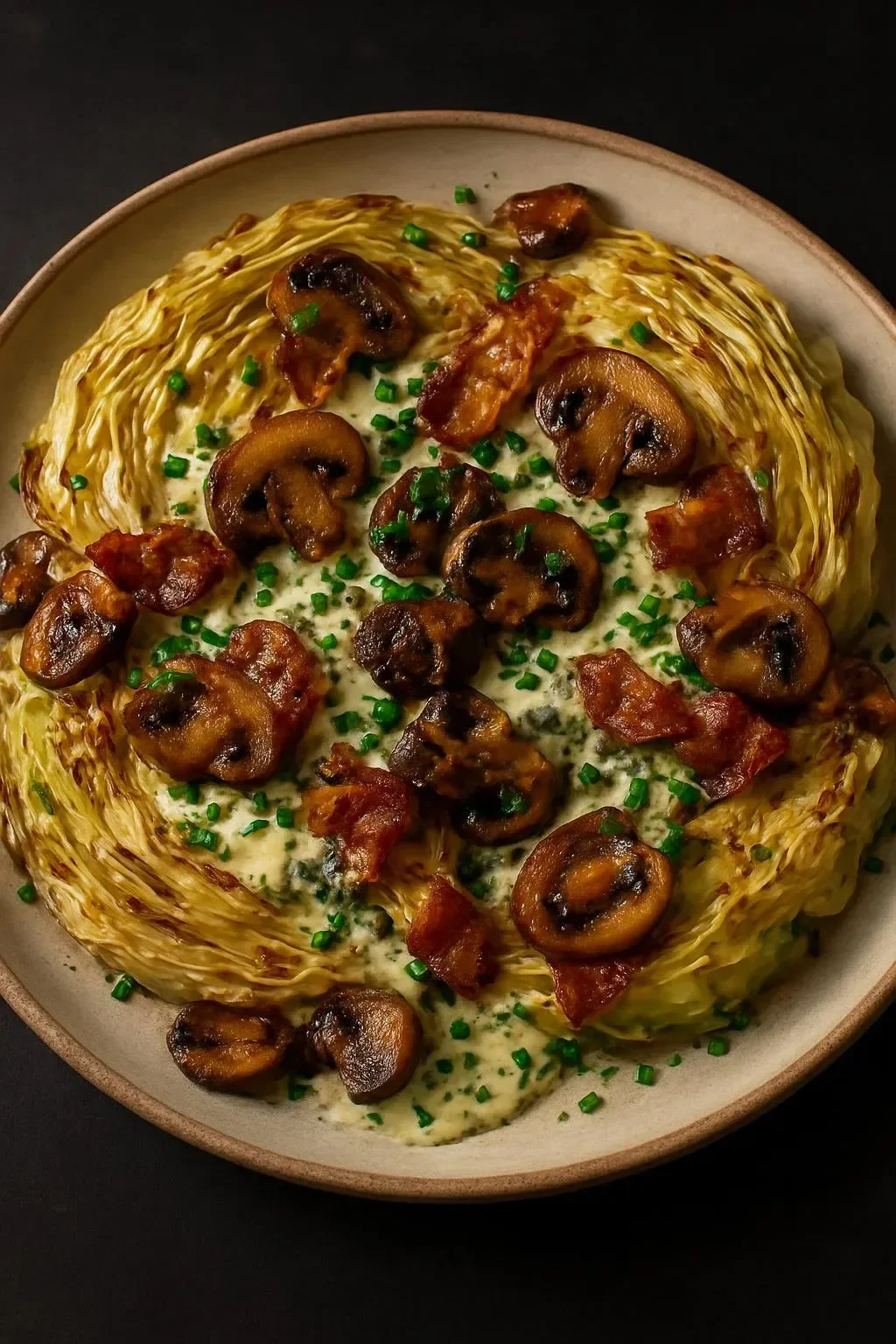 Creamy miso mushroom cabbage dish garnished with crispy bacon
