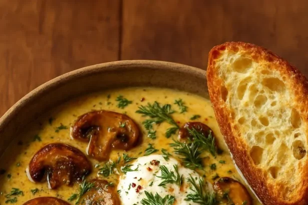 Bowl of creamy mushroom herb soup topped with fresh herbs