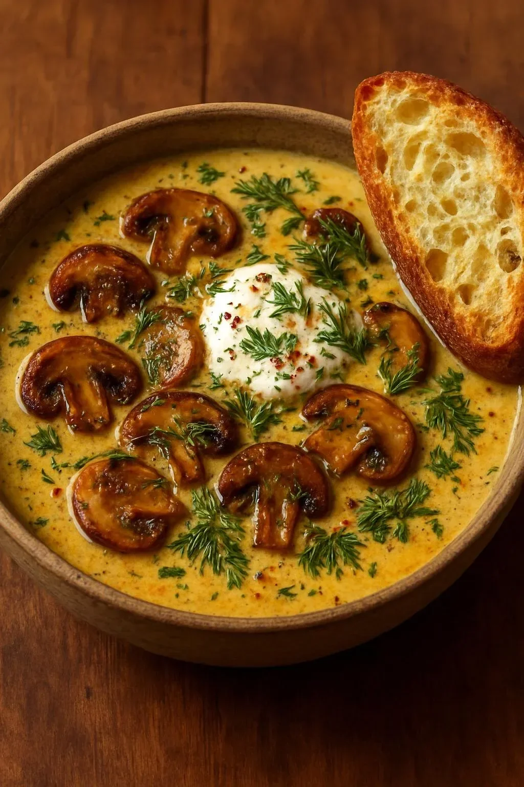 Bowl of creamy mushroom herb soup topped with fresh herbs
