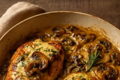 Creamy Mushroom Rosemary Chicken dish served with Gruyere cheese