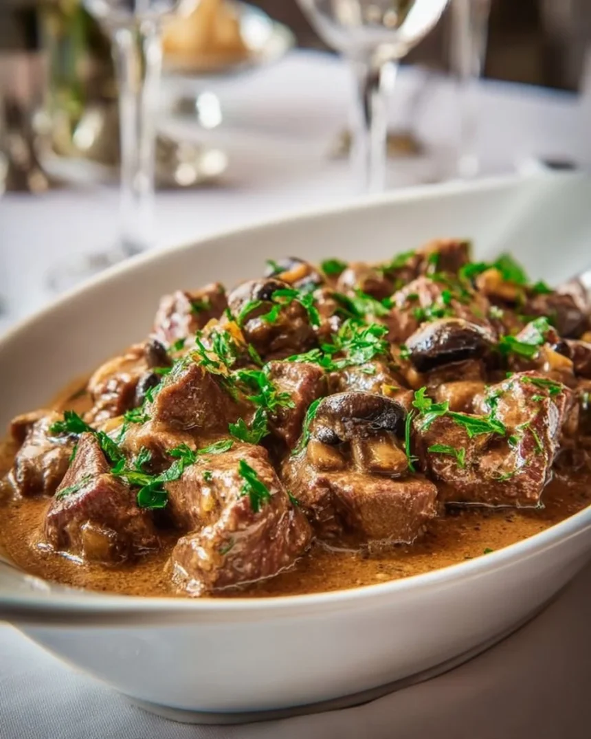 Delicious creamy ostrich and mushroom stew served in a bowl