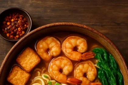 Creamy peanut shrimp and mushroom noodle soup in a bowl garnished with herbs.