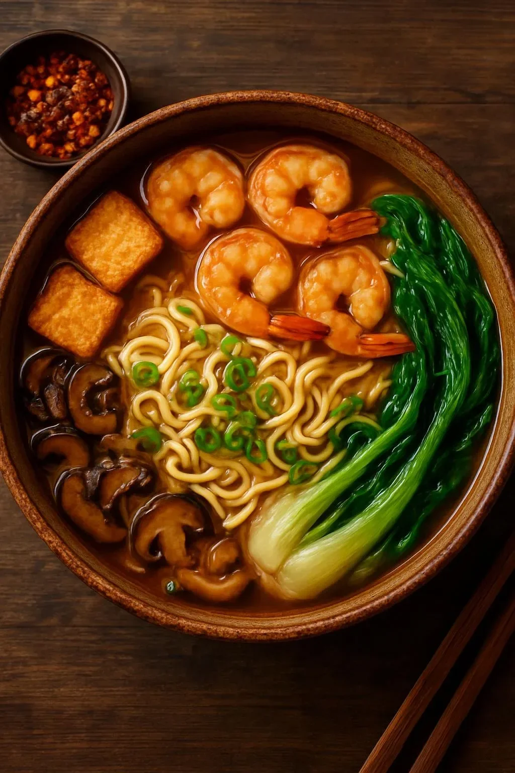Creamy peanut shrimp and mushroom noodle soup in a bowl garnished with herbs.