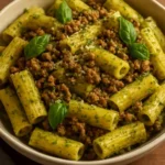 Creamy pesto beef pasta served with fresh basil and grated parmesan.