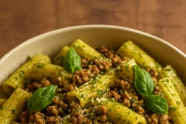 Creamy pesto beef pasta served with fresh basil and grated parmesan.