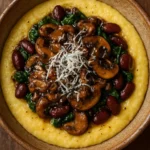 Delicious creamy polenta served with sautéed mushrooms, fresh greens, and beans