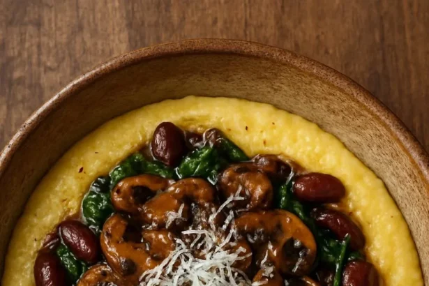 Delicious creamy polenta served with sautéed mushrooms, fresh greens, and beans