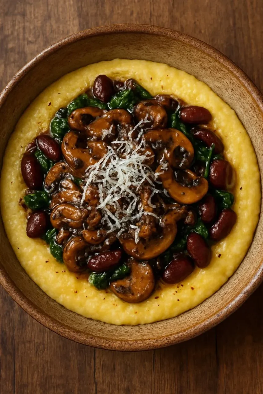 Delicious creamy polenta served with sautéed mushrooms, fresh greens, and beans