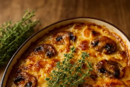 Creamy porcini mushroom and Gruyère potato gratin dish