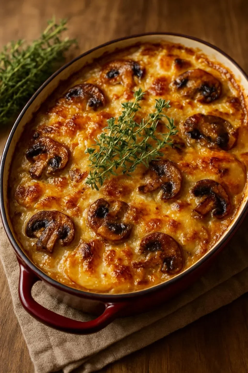 Creamy porcini mushroom and Gruyère potato gratin dish