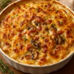Creamy potato mushroom bake with brie and caramelized onions