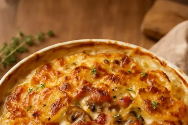 Creamy potato mushroom bake with brie and caramelized onions