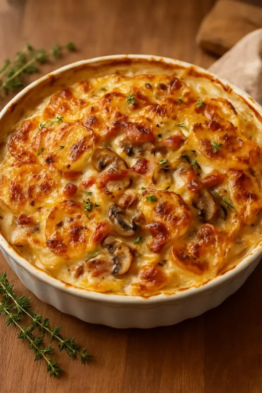 Creamy potato mushroom bake with brie and caramelized onions