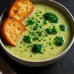 Creamy roasted broccoli soup topped with crispy cheddar croutons