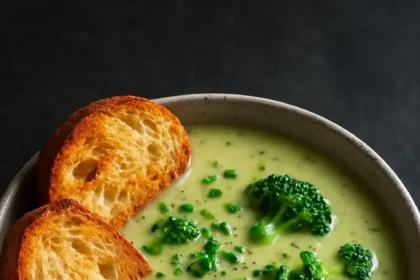 Creamy roasted broccoli soup topped with crispy cheddar croutons