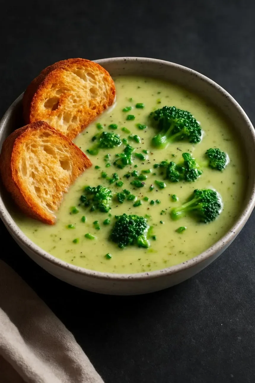 Creamy roasted broccoli soup topped with crispy cheddar croutons