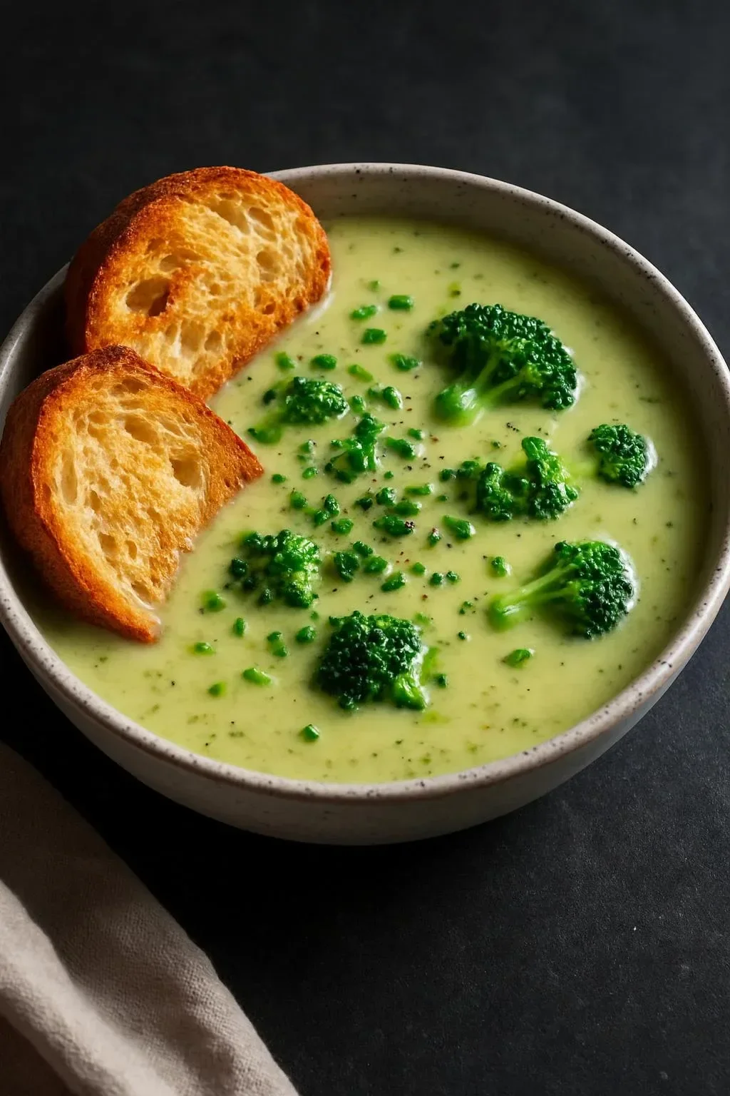 Creamy roasted broccoli soup topped with crispy cheddar croutons